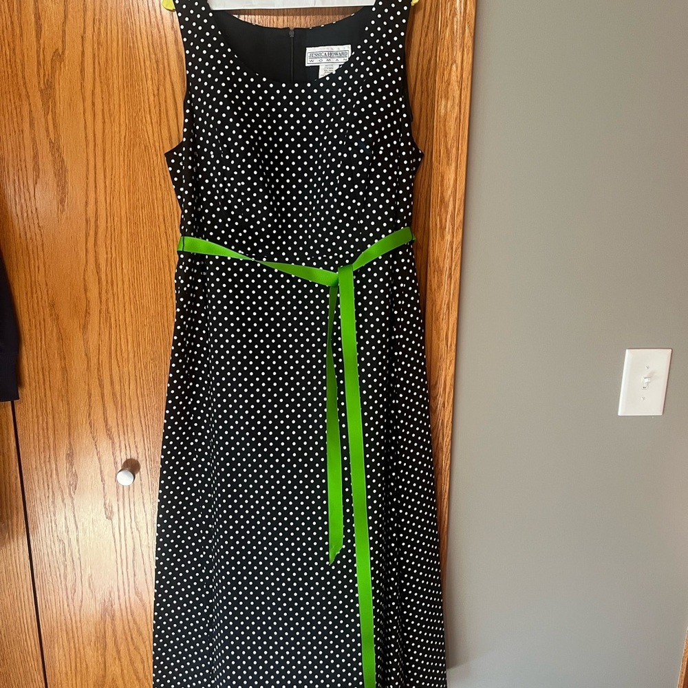 Polka Dot Black Dress with Green Belt & Cardigan